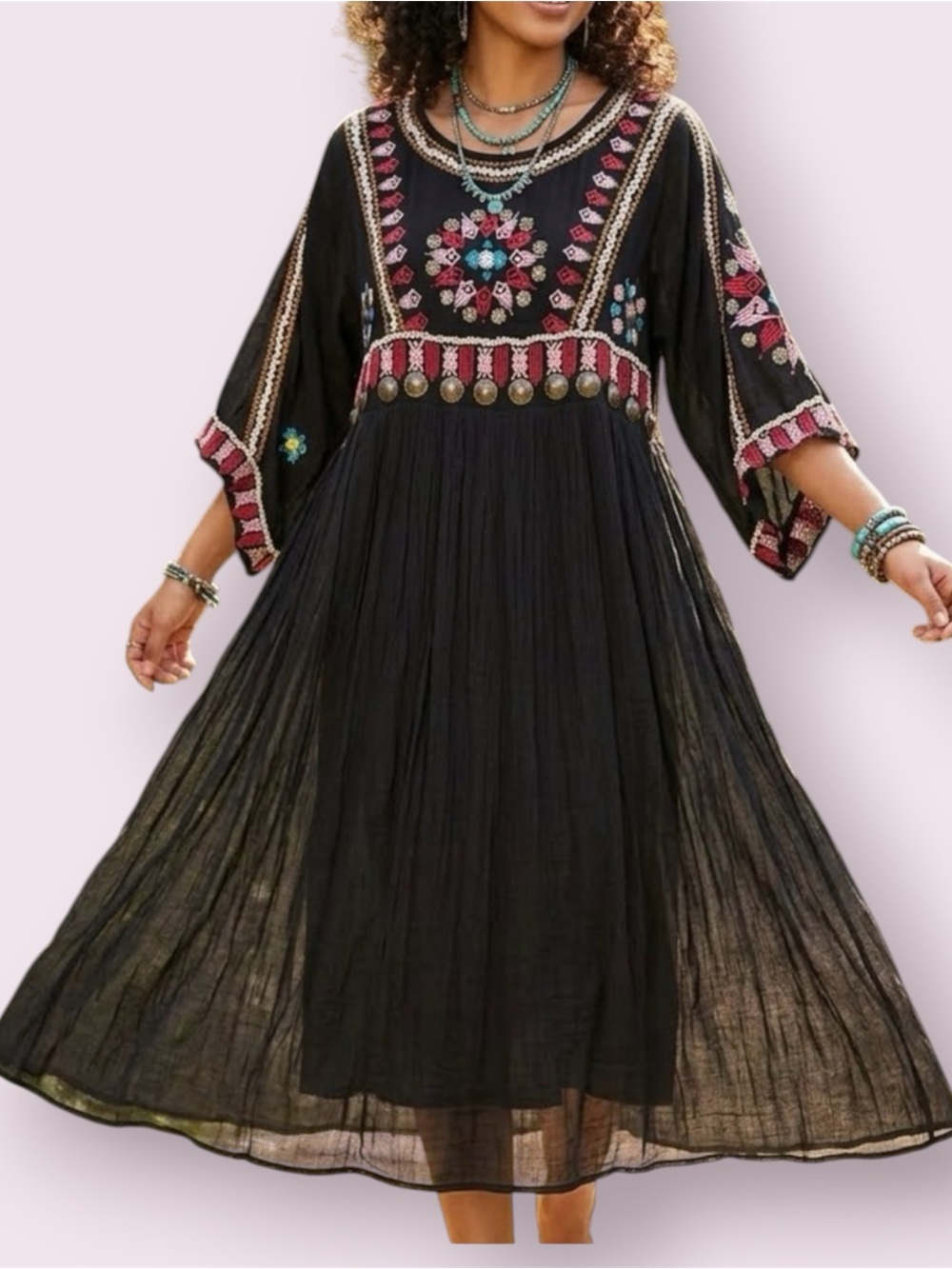 Nina Kaufmann Black Embroidered Embellished Bohemian Dress Medium
